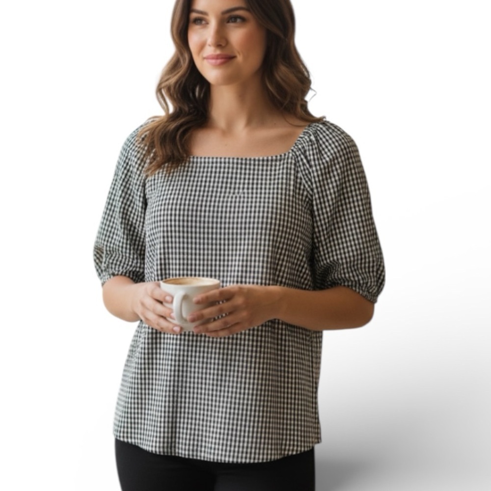 AVA & Viv Black and White Textured Top Square Neck Short Raglan Sleeves 1X